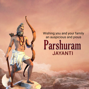 Image of Lord Parshuram with a bow and arrow, wishing a happy Parshuram Jayanti.