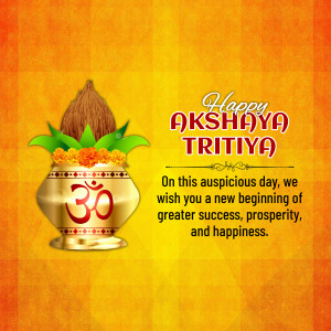 Image depicting a traditional Akshaya Tritiya setup with a decorated pot, coconut, and festive text.