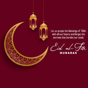 Eid al-Fitr greeting with crescent moon and lanterns