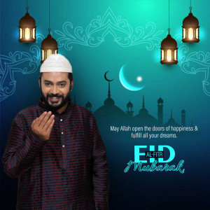 Man in traditional attire wishing Eid Mubarak with crescent moon and mosque background