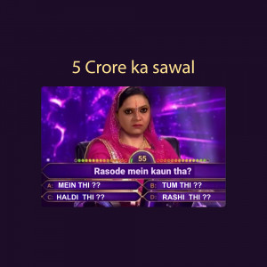 Screenshot from Kaun Banega Crorepati featuring a question about the 'Rasode Mein Kaun Tha' meme.