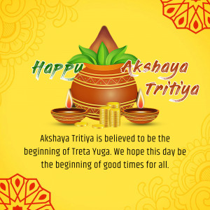 Akshaya Tritiya greeting with a pot, leaves, and traditional lamps