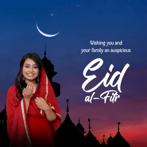 A woman in traditional attire wishing Eid al-Fitr with a crescent moon and mosque silhouette in the background.