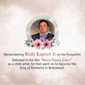 Portrait of Rishi Kapoor with floral decorations and a remembrance message.