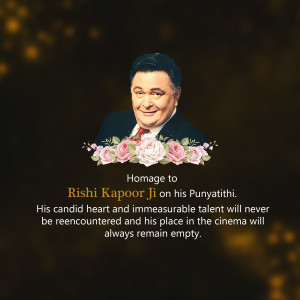 Portrait of Rishi Kapoor with floral decoration and tribute text