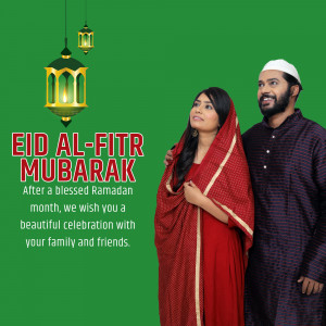 A couple celebrating Eid al-Fitr with lanterns and festive greetings.