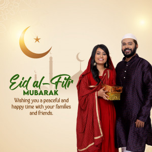 A smiling couple celebrating Eid al-Fitr with a crescent moon and mosque in the background.