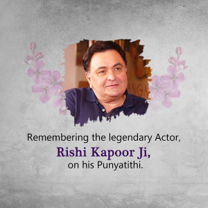 Portrait of Rishi Kapoor with floral elements and a remembrance message.