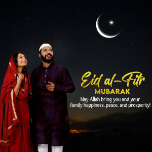 A couple celebrating Eid al-Fitr under the crescent moon.