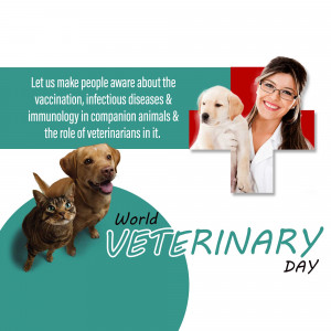 Image promoting World Veterinary Day with a veterinarian, dogs, and a cat.