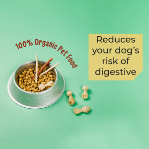 Bowl of organic dog food with treats and text highlighting digestive benefits.