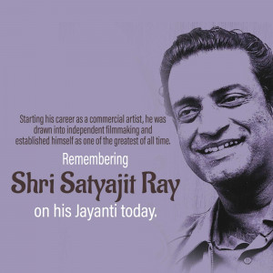 Portrait of Satyajit Ray with text commemorating his Jayanti