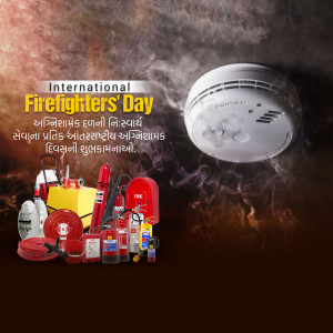 Image promoting International Firefighters' Day with fire safety equipment and a smoke detector.