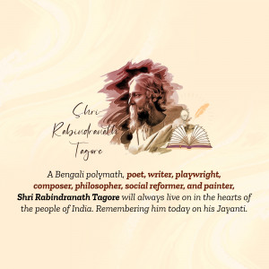 Portrait of Rabindranath Tagore with text commemorating his birth anniversary
