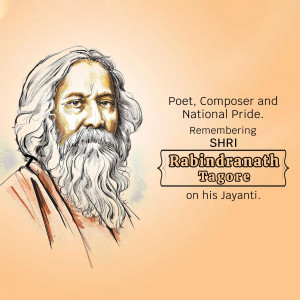 Portrait of Rabindranath Tagore with text commemorating his birth anniversary