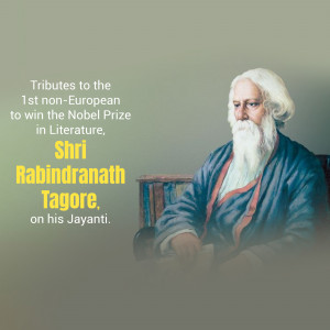 Portrait of Rabindranath Tagore with text commemorating his birth anniversary