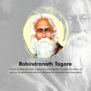 Portrait of Rabindranath Tagore with text tribute