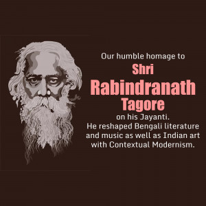 Portrait of Rabindranath Tagore with text honoring his birth anniversary
