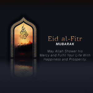 Eid al-Fitr Mubarak wish with a mosque silhouette and golden accents.