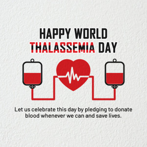 World Thalassemia Day awareness poster with blood donation imagery.