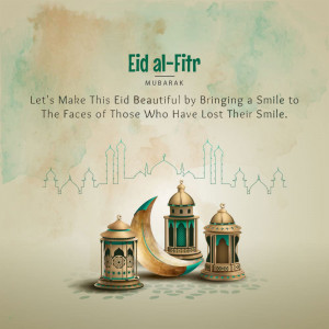Eid al-Fitr greeting with crescent moon and lanterns