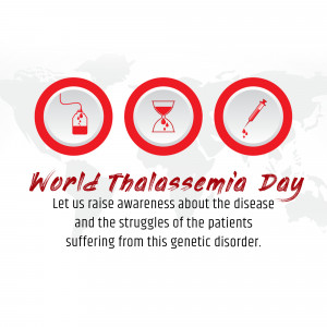 World Thalassaemia Day poster with blood test icons and awareness message.