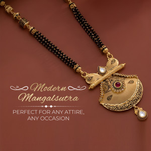 Close-up of a gold and black beaded mangalsutra with intricate detailing.