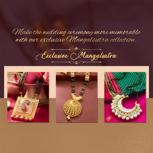 Close-up of three different Mangalsutra designs on a maroon and beige background.