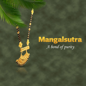 Close-up of a gold Mangalsutra necklace with a green background