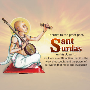 Image of Sant Surdas, a blind poet and musician, with text commemorating his Jayanti.