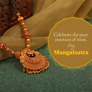 Close-up of a gold Mangalsutra necklace with red gemstones on a golden background.