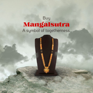 Gold Mangalsutra necklace on a black display stand against a cloudy background