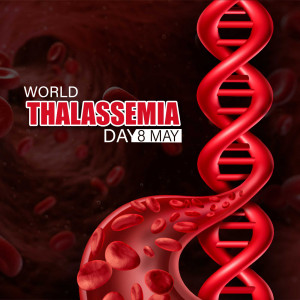World Thalassemia Day awareness poster with DNA helix and red blood cells