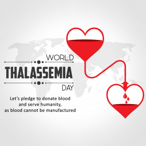 World Thalassemia Day poster with blood drop hearts and world map
