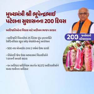Image of Gujarat Chief Minister Bhupendra Patel and information about the government's achievements in 200 days.