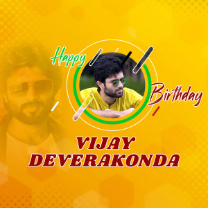 Birthday greeting for Vijay Deverakonda with his image and festive design.