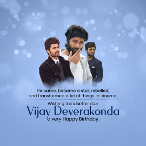 Birthday wish for Vijay Deverakonda featuring multiple images of the actor.