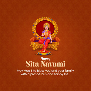 Image depicting Goddess Sita on a throne with 'Happy Sita Navami' text