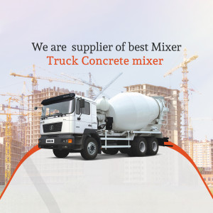 Concrete mixer truck in front of a construction site