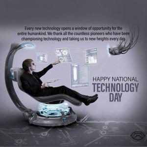 A futuristic image of a person interacting with holographic technology on National Technology Day.