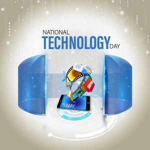 Illustration for National Technology Day featuring a smartphone and digital elements.