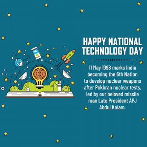 Illustration celebrating National Technology Day with technology icons and text.