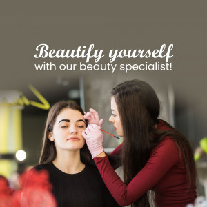 A beauty specialist applying makeup to a woman's eyebrows in a salon.