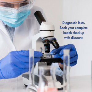 Scientist using a microscope in a laboratory setting, promoting health checkup services.