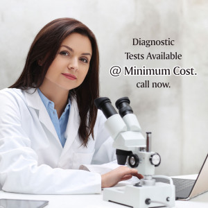 Female doctor with microscope and laptop promoting diagnostic tests
