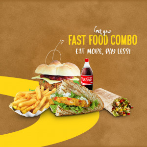 A promotional image showcasing a fast food combo meal with a burger, fries, wrap, and a Coca-Cola drink.