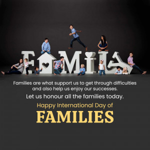 Family members posing with large letter blocks spelling 'FAMILY' with a celebratory message.