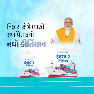 Image depicting India's export growth with Prime Minister Narendra Modi and export statistics.