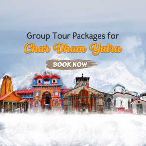 Image advertising group tour packages for Char Dham Yatra, featuring temples and mountains.