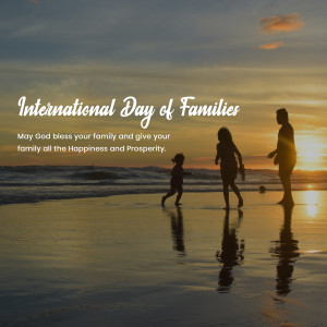 Silhouette of a family with children running on a beach at sunset for International Day of Families.